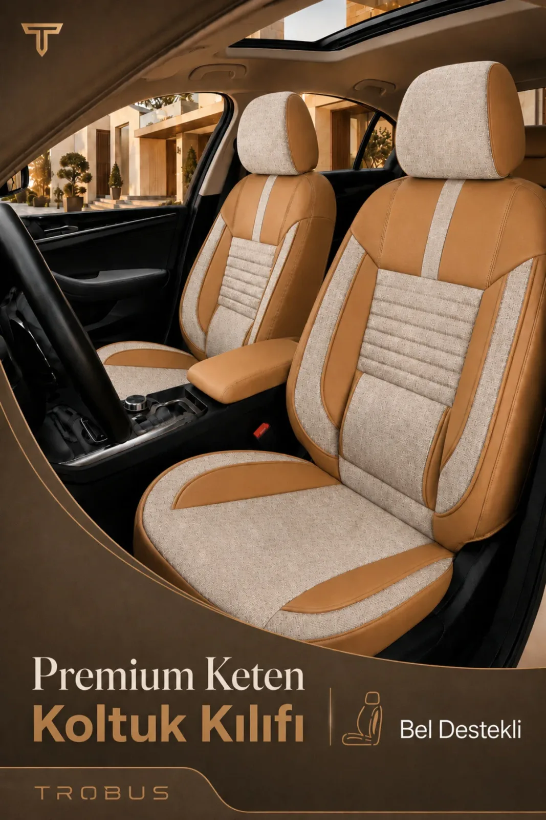 Toyota Corolla HB 2007+ Uyumlu Apex Linen Bel Destekli Keten Bej Taba Koltuk Kılıfı