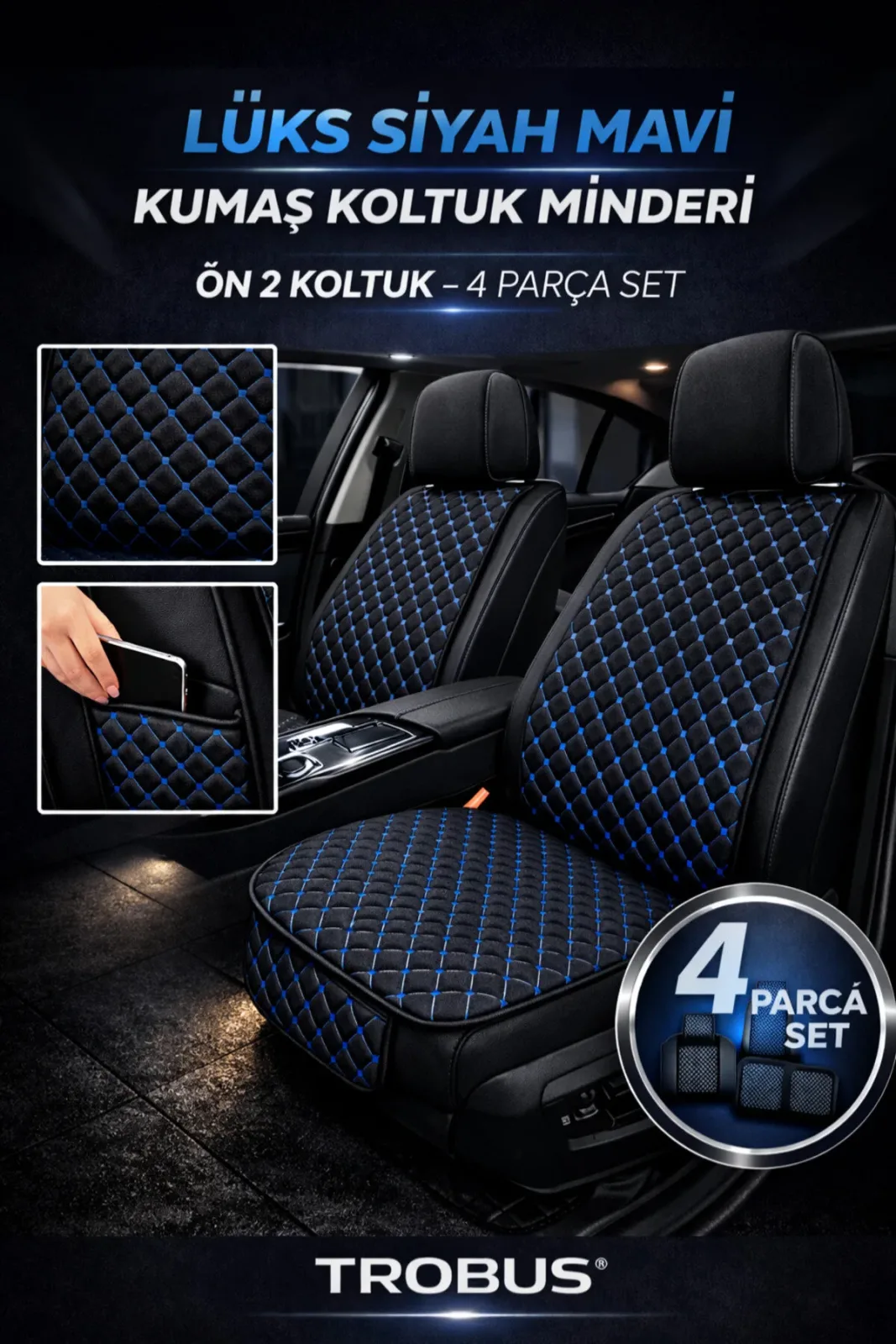 Toyota Prius Uyumlu Kumaş Oto Koltuk Minderi Ergonomik Kapitone 2'li Siyah Mavi