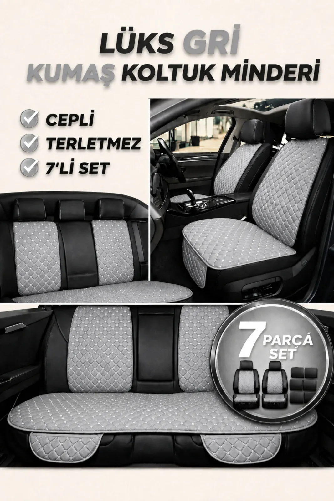 Toyota Yaris Sedan 2020 Ve Sonrası Uyumlu Kumaş Koltuk Minderi Kapitone Desen Terletmez Yedili Gri