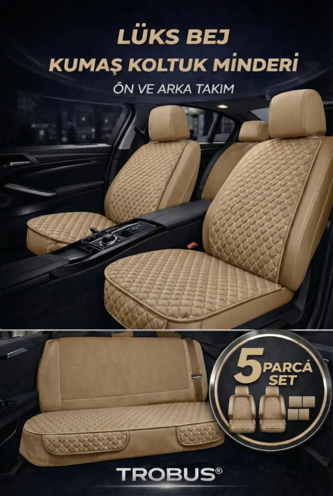 Trobus Audi 100 1976–1994 Uyumlu Kumaş Koltuk Minderi Kapitone Desen Terletmez Beşli Bej