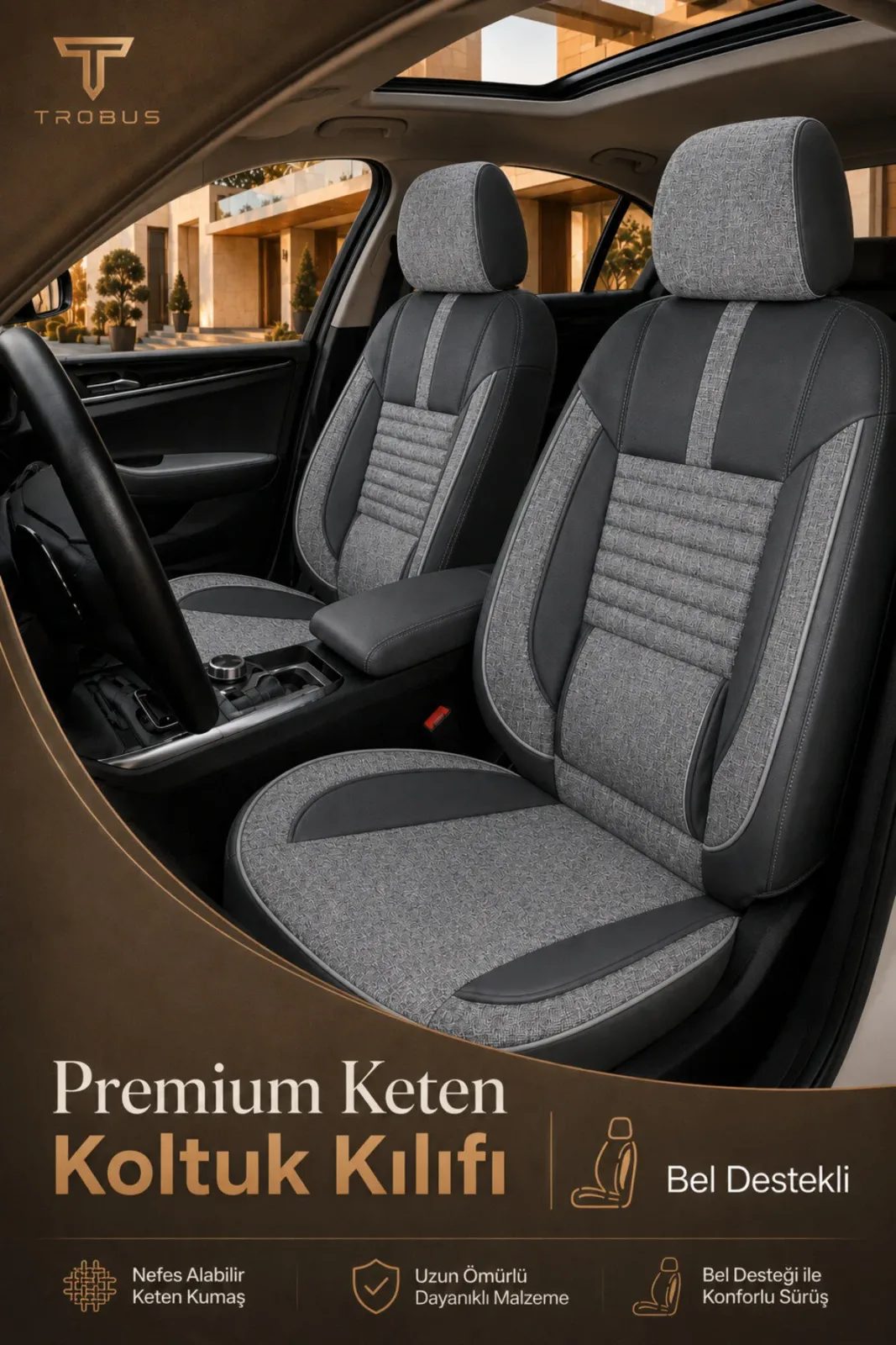 VW T-Roc 2017+ Uyumlu Apex Linen Bel Destekli Keten Füme Siyah Koltuk Kılıfı