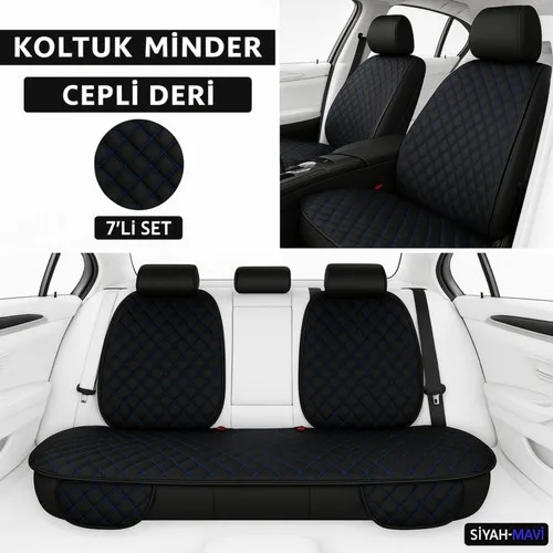 Peugeot 2008 2013–2024 Uyumlu 7 Parça Kapitone Araba Koltuk Minderi Deri Siyah Mavi - Kaymaz | Trobus
