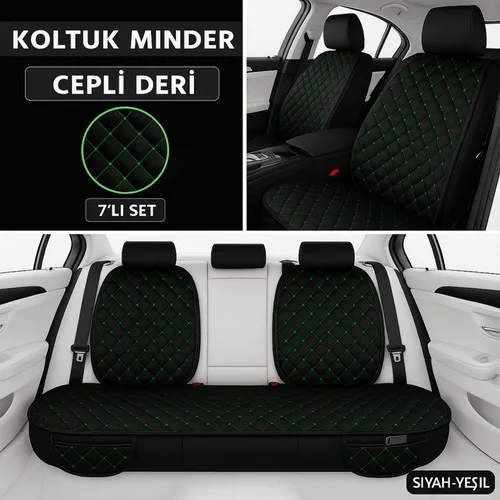 Peugeot 2008 2013–2024 Uyumlu 7 Parça Kapitone Araba Koltuk Minderi Deri Siyah Yeşil - Kaymaz | Trobus